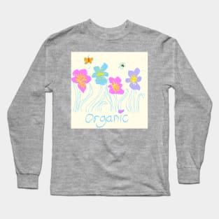 Organic Iris Flowers in the Garden with Bee Pattern Long Sleeve T-Shirt